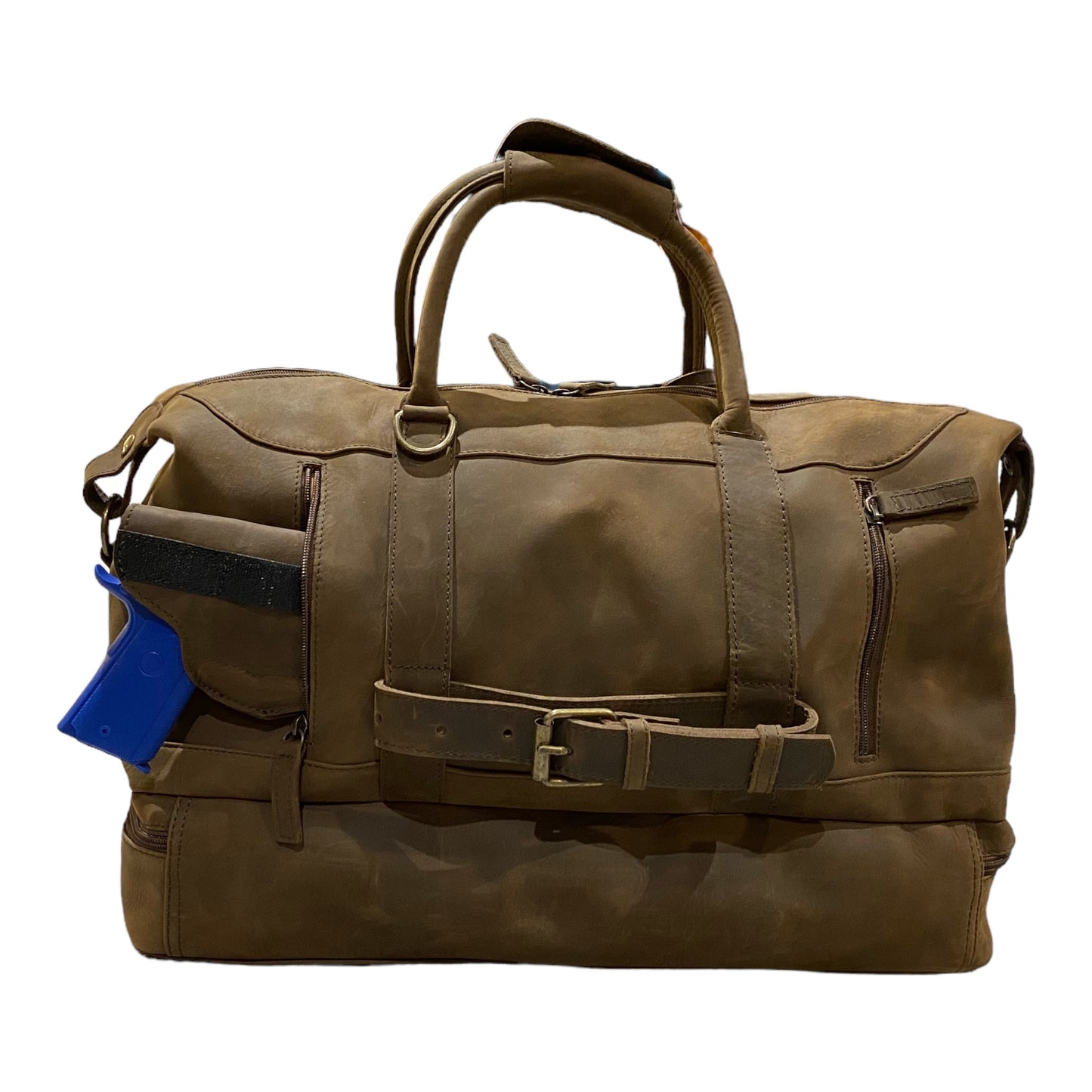 Weekender Bag with shoe compartment in brown color suede Leather - Professional Players Favorite - concealed carry!