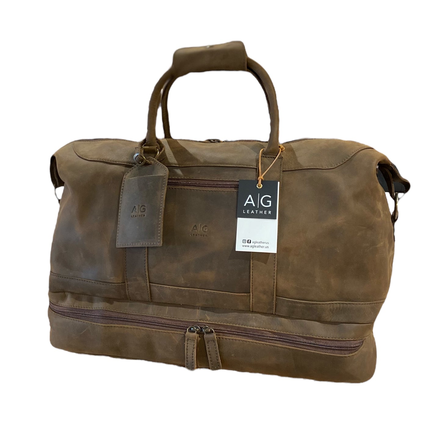 Weekender Bag with shoe compartment in brown color suede Leather - Professional Players Favorite - concealed carry!