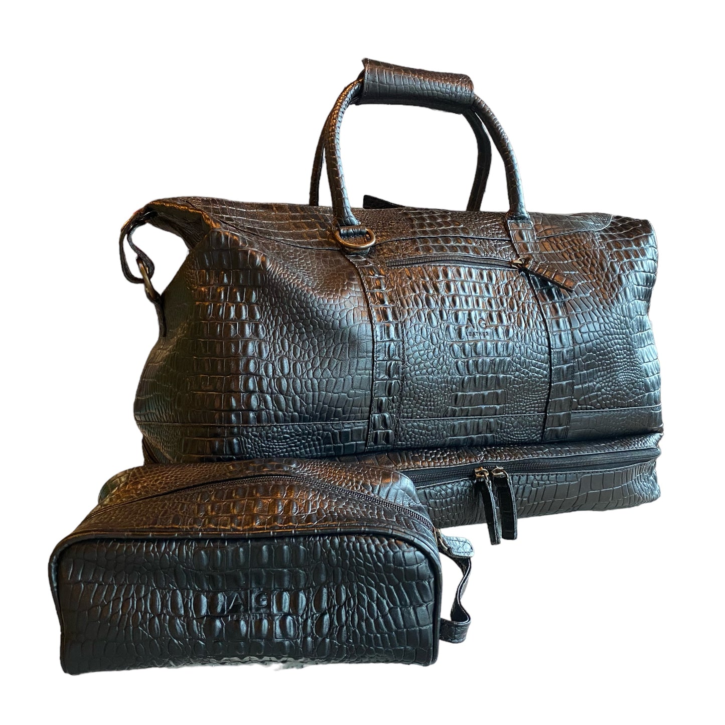 Weekender Bag with shoe compartment in Black color croc embossed Leather - Professional Players Favorite
 - Final Sale: No Returns or Exchanges