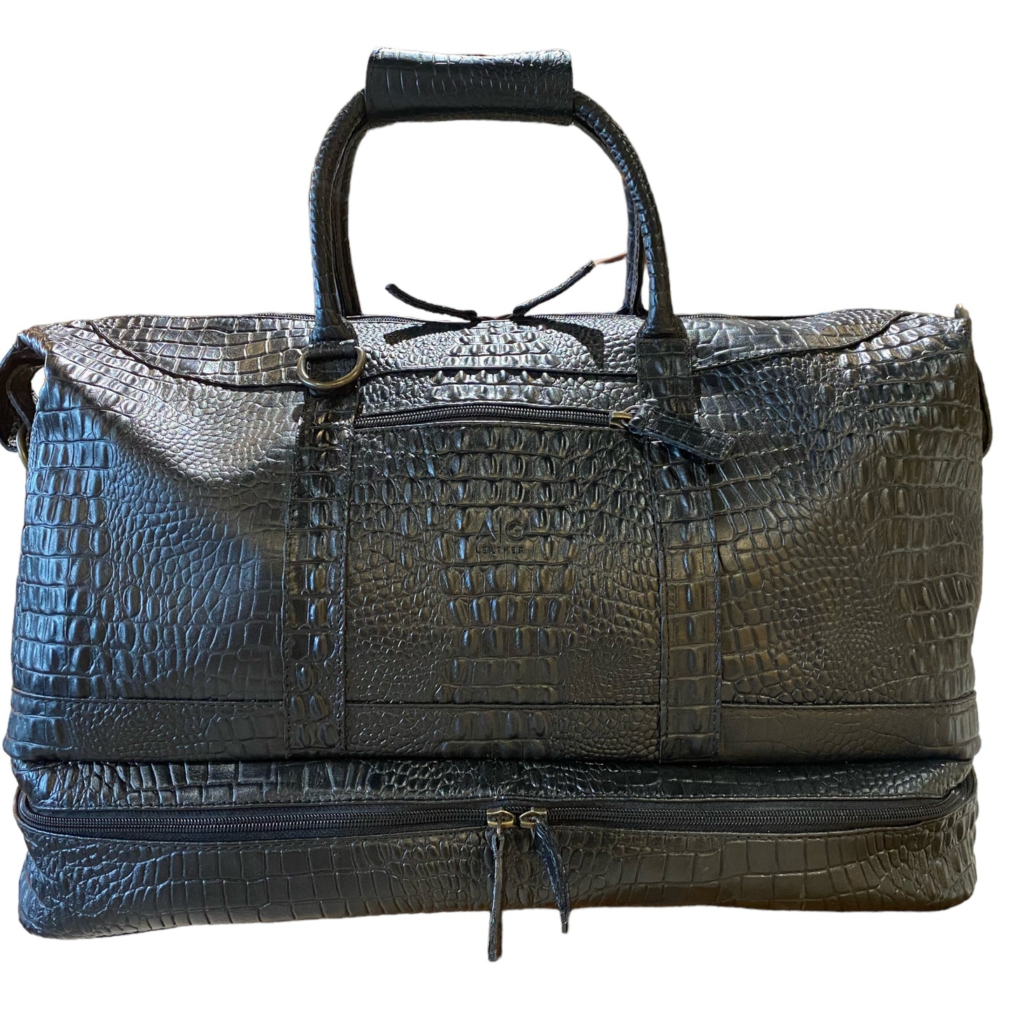 Weekender Bag with shoe compartment in Black color croc embossed Leather - Professional Players Favorite
 - Final Sale: No Returns or Exchanges