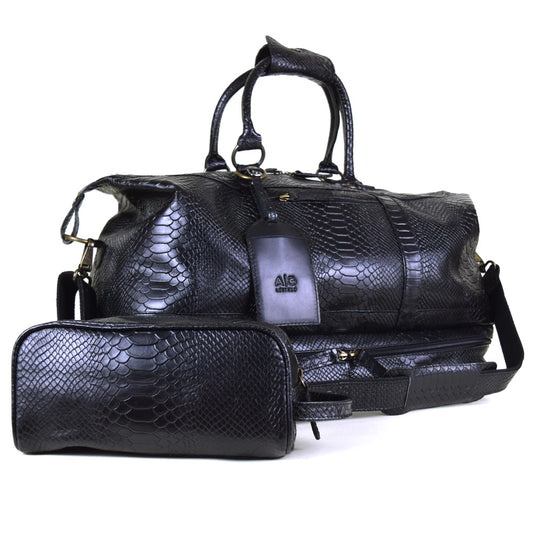 Weekender Bag with shoe compartment in Black Leather snke embossed - Professional Players Favorite - Final Sale: No Returns or Exchanges