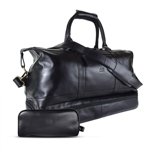 Weekender Bag with shoe compartment in Black Leather