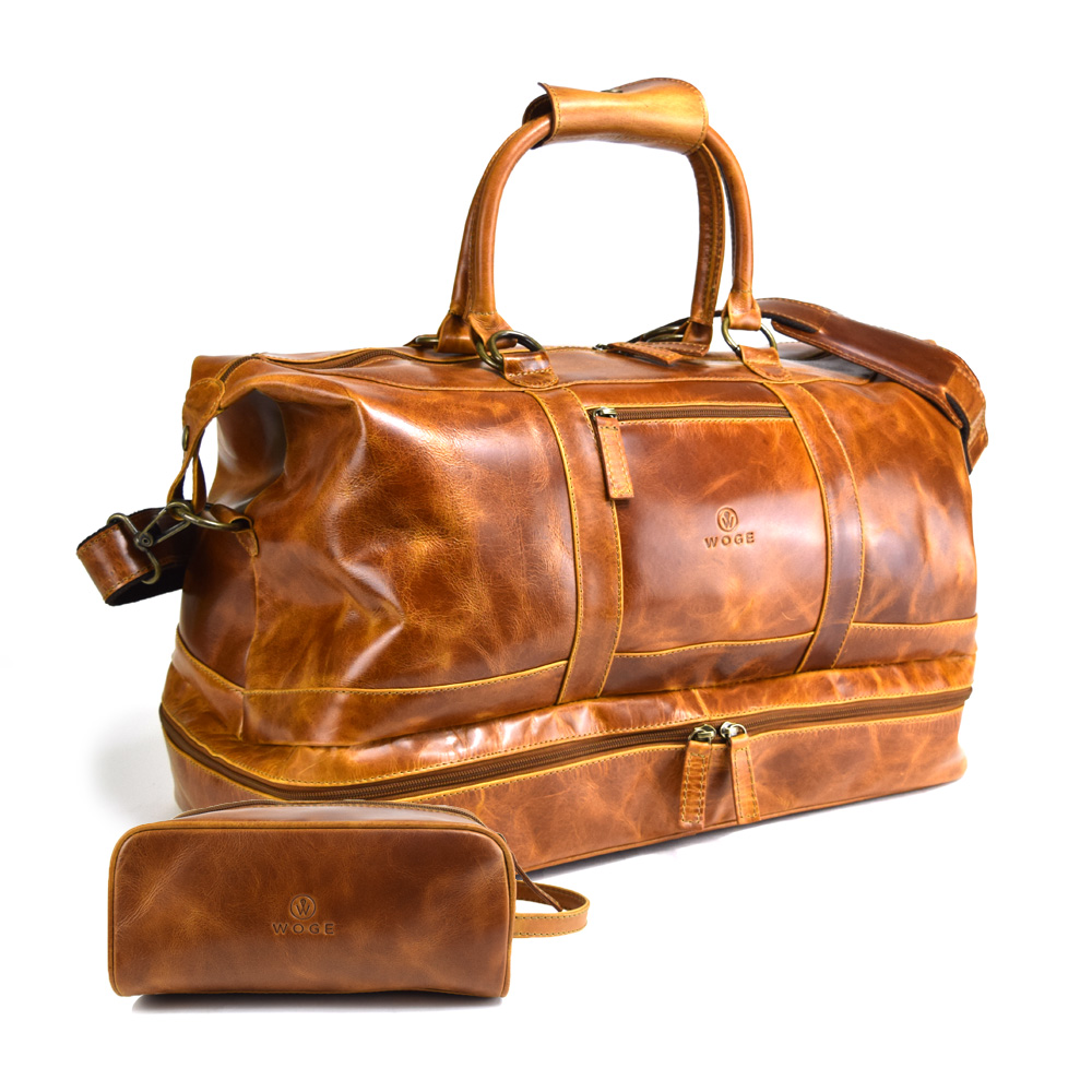 Travel bag with shoe compartment - made of 100% pull up cognac leather+ free case - Image 13