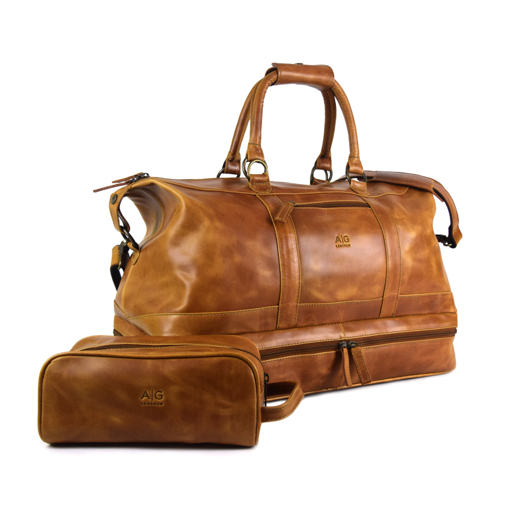 Travel bag with shoe compartment - made of 100% pull up cognac leather+ free case
