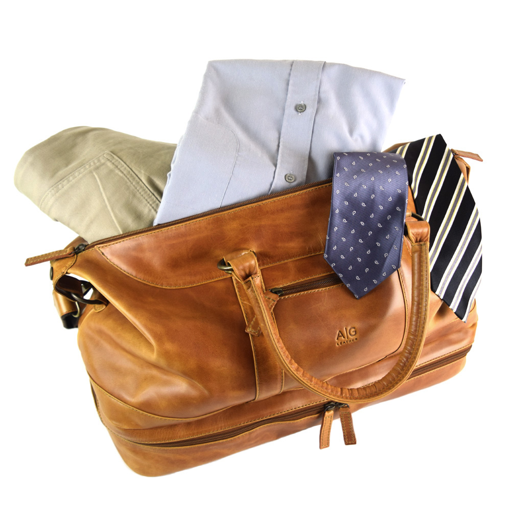 Travel bag with shoe compartment - made of 100% pull up cognac leather+ free case - Image 10