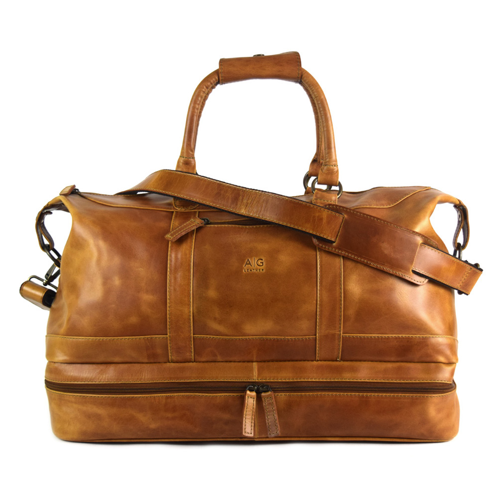Travel bag with shoe compartment - made of 100% pull up cognac leather+ free case - Image 2