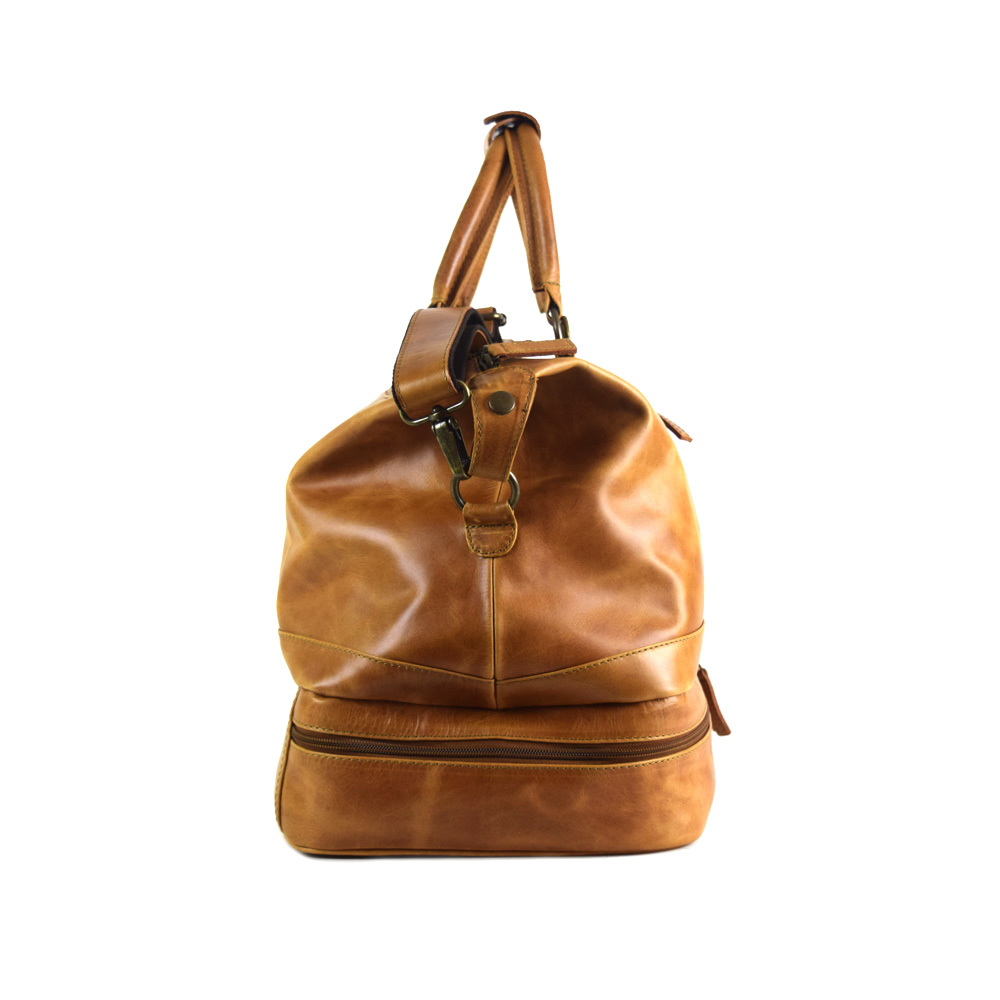 Travel bag with shoe compartment - made of 100% pull up cognac leather+ free case - Image 3