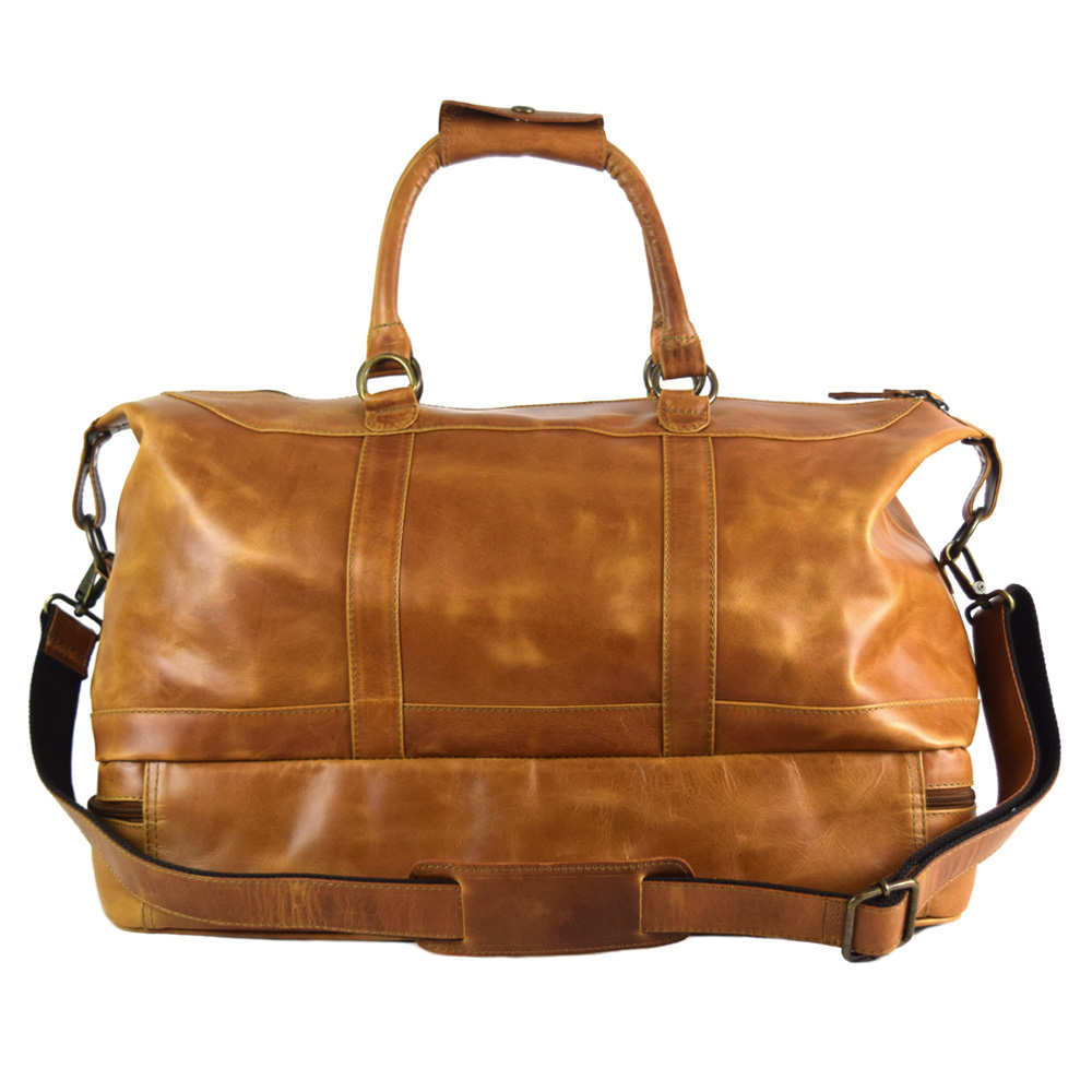 Travel bag with shoe compartment - made of 100% pull up cognac leather+ free case - Image 4