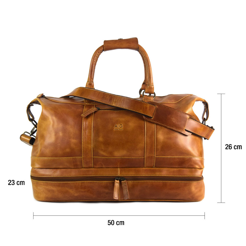 Travel bag with shoe compartment - made of 100% pull up cognac leather+ free case - Image 11